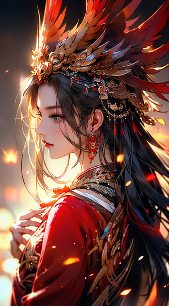 1 Girl,Jewelry,earrings,Solitary,Long hair,Hair accessories,look back,Looking at the audience,red skirt,Black Hair,Upper Body,Shut up,Vague,skirt,tassel,Brown hair,feather,From the back,Chinese clothes,tassel earrings,disgust,