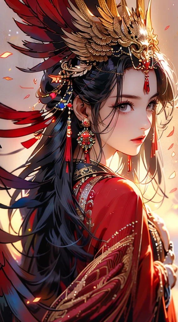 1 Girl,Jewelry,earrings,Solitary,Long hair,Hair accessories,look back,Looking at the audience,red skirt,Black Hair,Upper Body,Shut up,Vague,skirt,tassel,Brown hair,feather,From the back,Chinese clothes,tassel earrings,disgust,