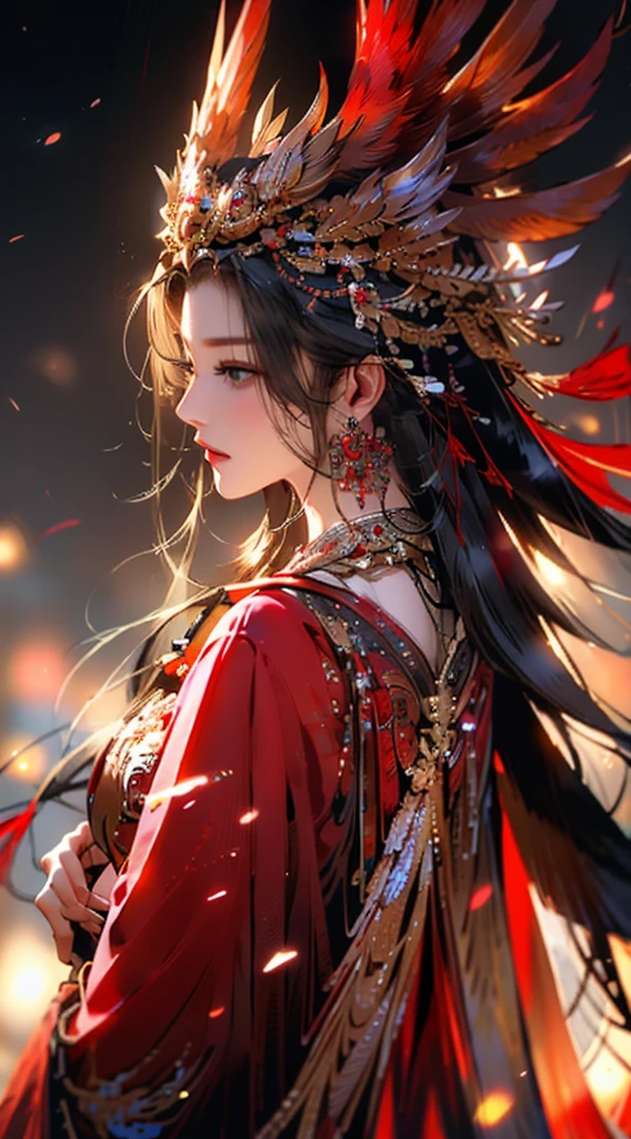 1 Girl,Jewelry,earrings,Solitary,Long hair,Hair accessories,look back,Looking at the audience,red skirt,Black Hair,Upper Body,Shut up,Vague,skirt,tassel,Brown hair,feather,From the back,Chinese clothes,tassel earrings,disgust,