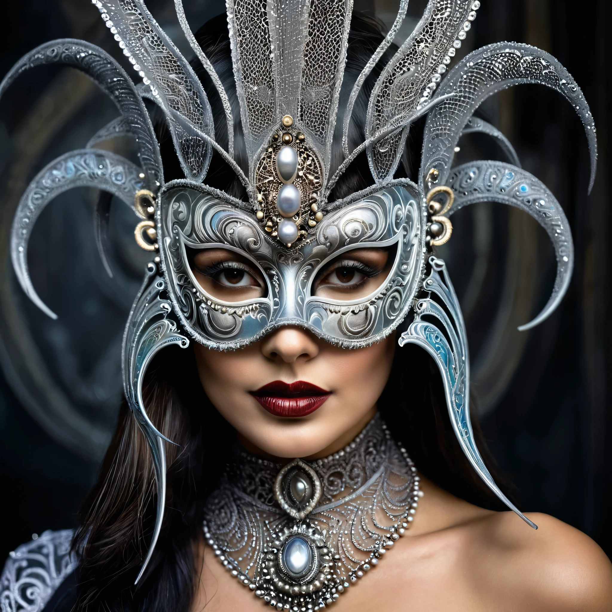 Portrait of a woman in a richly decorated masquerade mask. the mask has high detail and elegant style. the design creates an atmosphere of mystery, fantasy, horror, H.R. Giger style, highly detailed, dramatic lighting