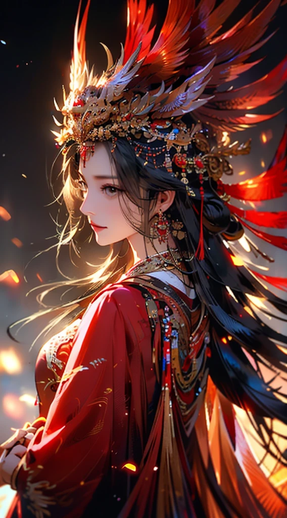 1 Girl, Jewelry, earrings, Solitary, Long hair, Hair accessories, look back, Looking at the audience, red skirt, Black Hair, Upper Body, Shut up, Vague, skirt, tassel, Brown hair, feather, From the back, Chinese clothes, tassel earringssmile,