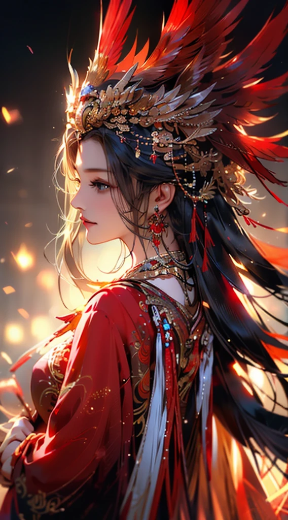 1 Girl, Jewelry, earrings, Solitary, Long hair, Hair accessories, look back, Looking at the audience, red skirt, Black Hair, Upper Body, Shut up, Vague, skirt, tassel, Brown hair, feather, From the back, Chinese clothes, tassel earringssmile,