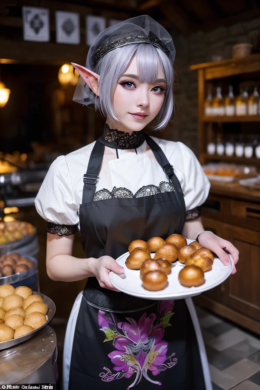 (Ultra-detailed face, looking away, Fantasy Illustration with Gothic, Ukiyo-e, Comic Art, Rich Colors), 
BREAK 
(DarkElves: These middle-aged dark elf women have silver hair, blunt bangs, pigtail hair, dark purple skin, and lavender eyes.), 
BREAK 
(MagicUser: The dark elf pastry chef wears a lacy veil and a colorful light blue striped balloon dress with lace and an apron.), 
BREAK 
(The dark elf pastry chef makes balls full of malasadas (Hawaiian-style doughnuts) in a medieval European-style kitchen and eats a malasada with her back to the viewer.)