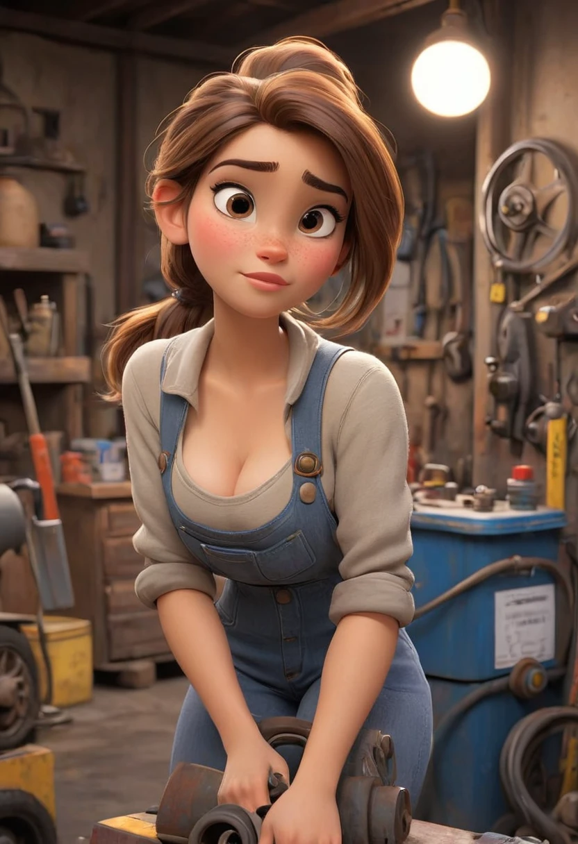 full body shot, (disney pixar style:1.2) (cute adorable European pretty face girl:1.15) (European adult age 20:1.15) brown hair, ponytail, cleavage, sexy mechanic, in a garage, (perfect hands:1.1) (extreme far shot, full body, zoomed out:1.1), detailed mechanic garage, she is looking sexy with some oil stain on her clothes, European style Garage