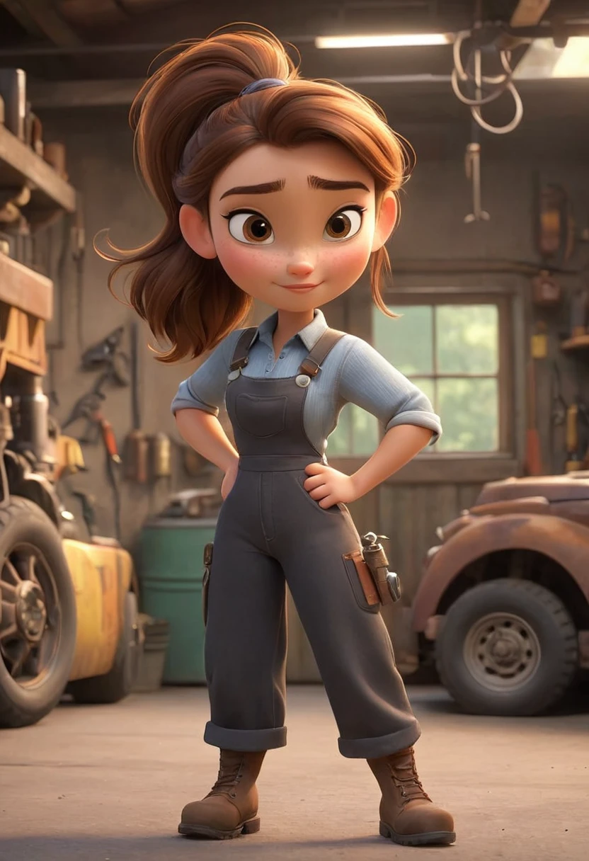 full body shot, (disney pixar style:1.2) (cute adorable European pretty face girl:1.15) (European adult age 20:1.15) brown hair, ponytail, cleavage, sexy mechanic, in a garage, (perfect hands:1.1) (extreme far shot, full body, zoomed out:1.1), detailed mechanic garage, she is looking sexy with some oil stain on her clothes, European style Garage