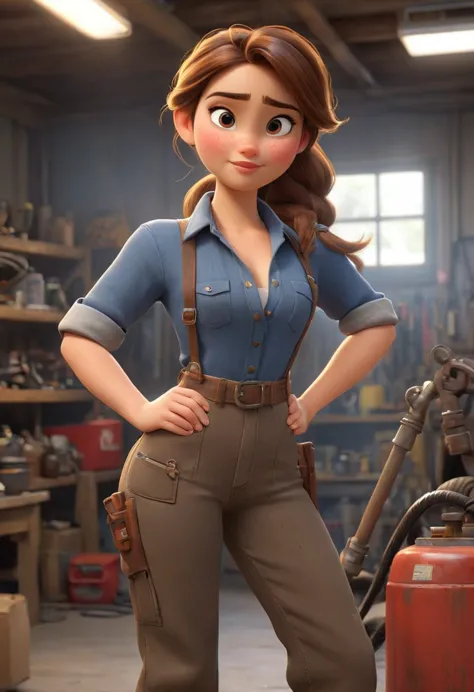 full body shot, (disney pixar style:1.2) (cute adorable european pretty face girl:1.15) (european adult age 20:1.15) brown hair,...