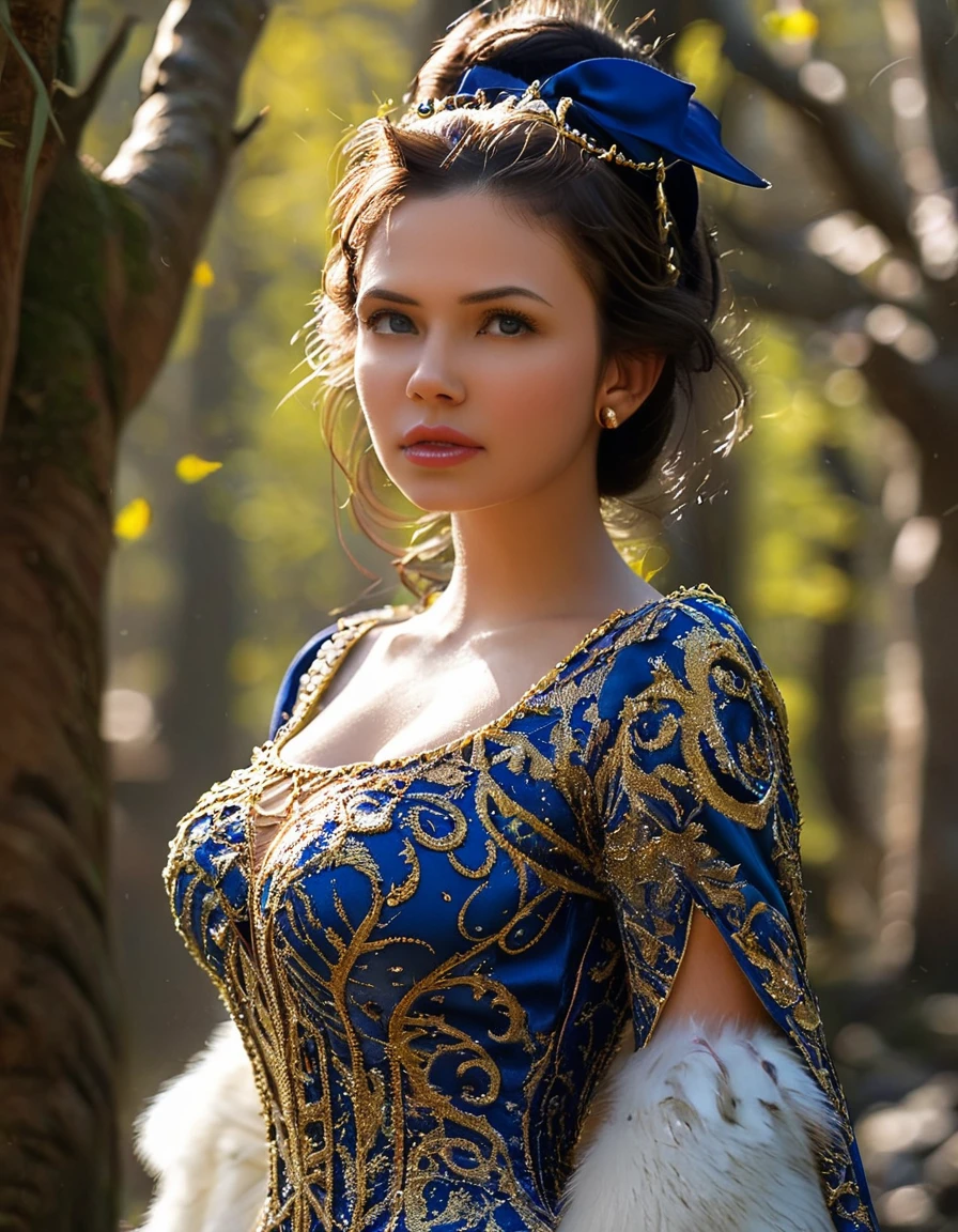 Create a photorealistic masterpiece of Snow White in a Dark Fantasy style. Snow White is depicted as a fashionable, model-looking character with glowing eyes and a futuristic design. The image should be hyper-detailed and surreal, with intricate details and highly detailed skin texture. Snow White has a slight smile and is posed in a dynamic model pose. The scene is cinematic and professionally shot in 4K resolution, with a 200mm lens at f/2.0, creating a beautiful bokeh and stunning light and shadow play. The background features a sinister forest with dark, twisted trees and lurking shadows. The overall image is hypnotic, dramatic, and captivating, with subcutaneous veins and highly detailed skin and hair texture, shot in 24mm photography.