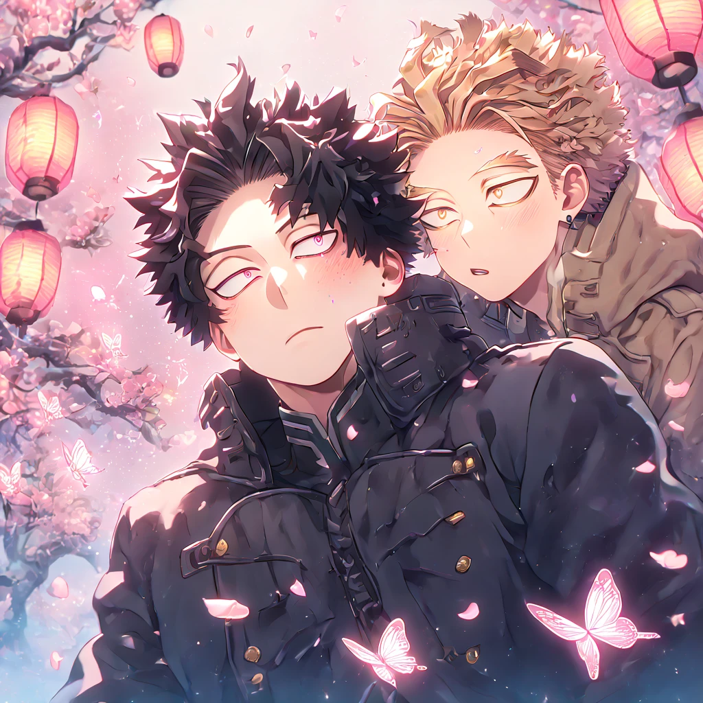 absurd resolution, high resolution, ultra detailed, detailed eyes, delicated features, extremely detailed, HDR, 8K, Hawks, ash-blonde hair, expressive golden eyes, Boku No Hero Academia, Megumi, black hair, messy hair, expressive red eyes, two sexy men together, yaoi, gay couple, handsome, brown coat with fur, black coat, fantasy, cool, magical, pink glittering butterflies, pink dust flying around, pink flowers, pink petals, pink lanterns, pink blossoms