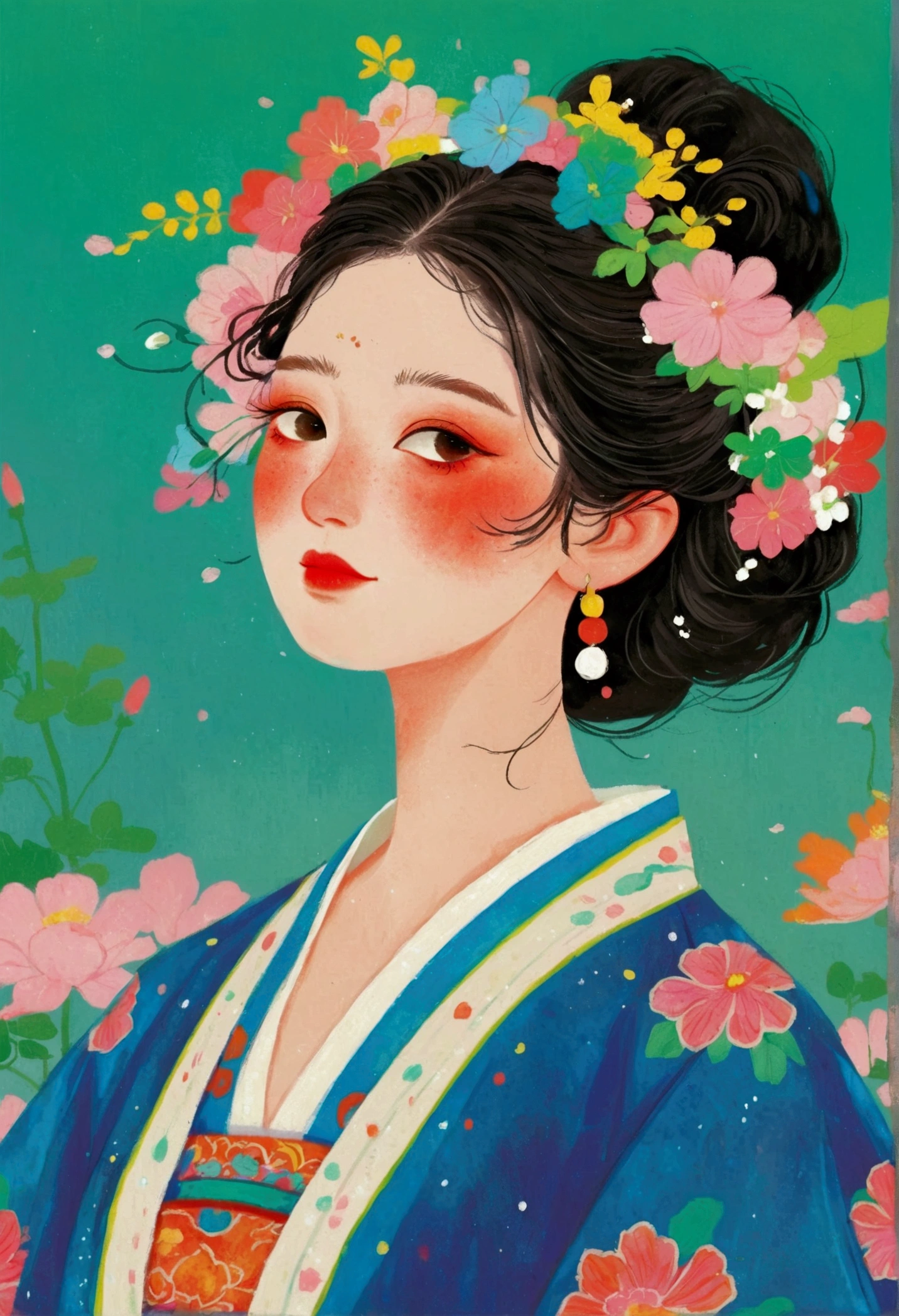 Ein Gemälde einer Frau mit Blumenkrone, Digitale Gemälde von Mei Qing, cg Sozialer Hotspot, Cloisonnism, schöne Charaktermalerei, Palast ， mädchen das hanfu trägt, 美丽的数码Illustration, 一幅美丽的艺术Illustration, Blumenkönigin, Beautiful digital Illustrations, Blumenkönigin, Passen Sie den Kampf an, chinesische prinzessin, traditionelle Schönheit, Illustration