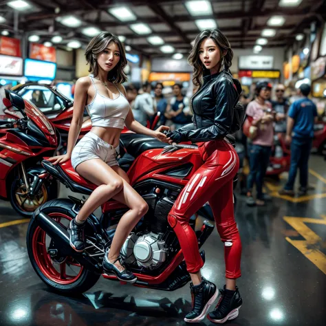 (ExtremelyDetailed((Song Joo A))) clearly visible the shape of Butt, Radiant Ivory Skin with Transparency, motor cycle event gir...