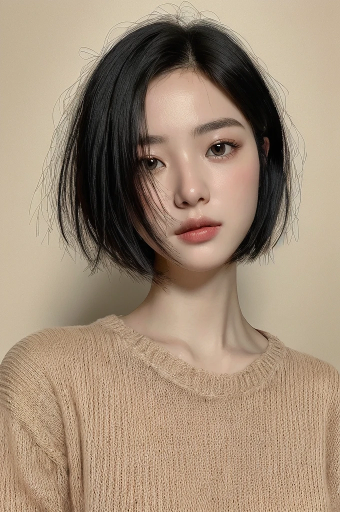 Masterpiece: 1.3), (8k, photorealistic, RAW photo, top quality: 1.4), (1girl), beautiful face, (realistic face), (black hair, short hair: 1.3), beautiful hairstyle, realistic eyes, beautiful detail eyes, (realistic skin), beautiful skin, (sweater), absurd, attractive, ultra high resolution, ultra realistic, high definition, golden ratio