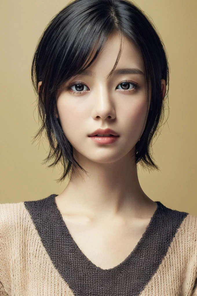 Masterpiece: 1.3), (8k, photorealistic, RAW photo, top quality: 1.4), (1girl), beautiful face, (realistic face), (black hair, short hair: 1.3), beautiful hairstyle, realistic eyes, beautiful detail eyes, (realistic skin), beautiful skin, (sweater), absurd, attractive, ultra high resolution, ultra realistic, high definition, golden ratio