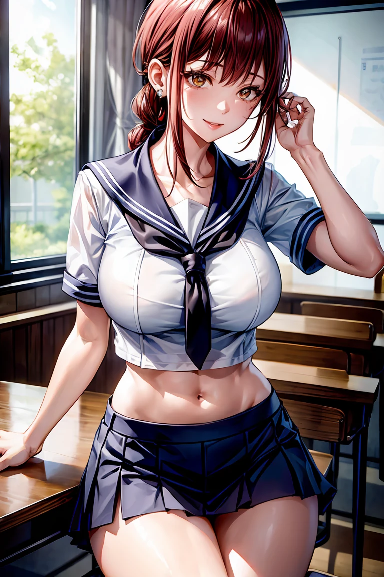 Makima (Chainsaw Man), woman, sexy woman, mature female, mommy, sharp eyes, detailed lips, big breast, short sleeves sailor uniform, sexy sit, classroom, teasing smile, seductive lips, adjusting hair, short skirt, hunter eyes, looking back, midriff peek, earrings , high pony tail 