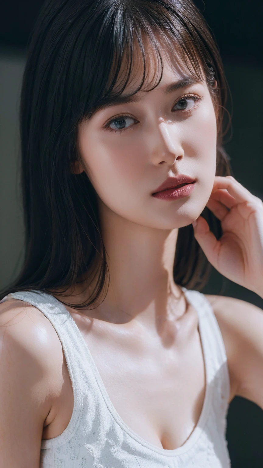 Uma garota, mulher, obra de arte, mais alta qualidade, mais alta qualidade, (iluminação volumétrica), Muito detalhado CG unity Papel de parede 8k, Concentração, Papel de parede 8k, Muito detalhado, Ultra-realistic, realista, foco nitído, absurdo, (Alta resolução:1.2), (Alto contraste), Fotografia, detalhado e complexo, Instagram, Retrato, Muito detalhado, pintura digital, estação de arte, arte conceitual, suave, foco nitído, figura, grande natural , ombro médio, olhando para o público, Top de tanque com alças de malha.