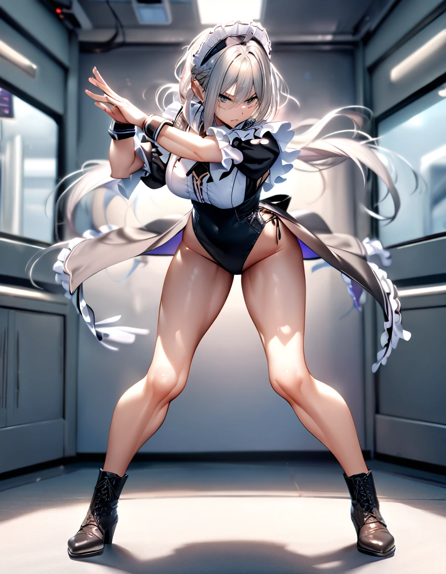 12k, masterpiece, best quality, very aesthetic, absurdres,  octane render, highly detailed, volumetric, dramatic lighting,(Maid leotard details:2.0),(1 girl:1.2),,Long Hair:1.5, (Short sleeve, Thighs,Maid Cufflinks),,(High heel lace-up boots:1.4), (Without skirt:3.0),Dark aura,Leotrad,,Audience Recruitment,(at a research facility:1.2),(whole body:1.4),(Fighting Pose:1.2),looking at viewer, standing