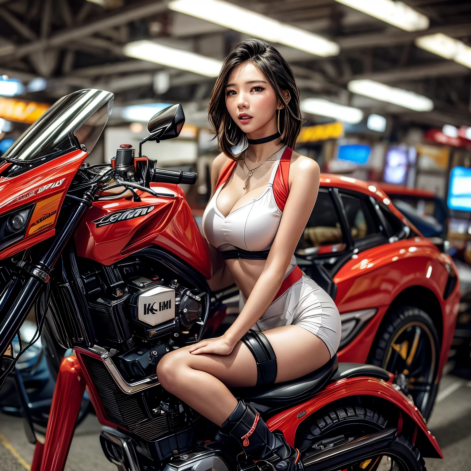 (ExtremelyDetailed((Song Joo A))) clearly visible the shape of Butt, Radiant Ivory Skin with Transparency, motor cycle event girls in sexy costume, Detailed Clothing texture, Full of (motor cycle) . (Full body shot:1.2),Ultra-detailed,grand scale,epic,zoomed out,wide angle. (ExtremelyDetailed Beautiful face) Dynamic Joyful Expressions LifeLike Rendering. (Exposed:0.59) PerfectLighting (TopQuality 8K(masterpiece(ProfessionalPhoto:1.37)))