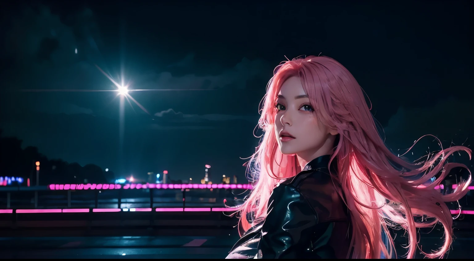 (best quality,4K,mackerel:1.2),very detailed,(realistic:1.37) woman with long pink hair,night,neon,flying saucer,abduction,galaxy spaceship background,neon lights,black suit with led, The cityscape of the future,reflections on wet road,dynamic movement,swirling clouds,vivid colors,shining moon,twinkling star,shadows playing with light, neon costume, NSFW, hot and nice body, giant , (whole body), sexy, happy face,