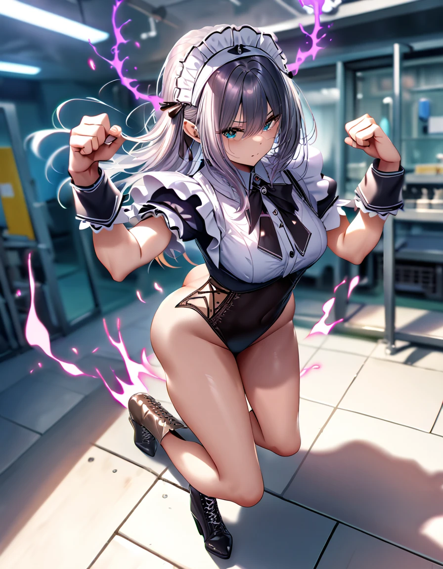 12k, masterpiece, best quality, very aesthetic, absurdres, anime artwork, anime style, key visual, vibrant, studio anime, highly detailed highly detailed, volumetric, dramatic lighting,(Maid leotard details:2.0),(1 girl:1.2),,Long Hair:1.5, (Short sleeve, Thighs,Maid Cufflinks),,(High heel lace-up boots:1.4), (Without skirt:3.0),Dark aura,Leotrad,,Audience Recruitment,(at a research facility:1.2),(whole body:1.4),(Fighting Pose:1.2),looking at viewer, standing