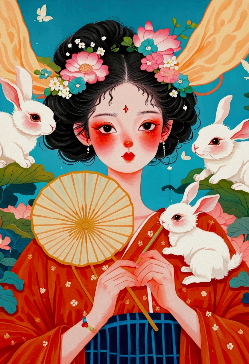 The painting shows a woman and two rabbits，Holding a fan and a fan in hand, James Jean (James Jean) Inspired by the extremely detailed, cg Social Hotspot, Pop surrealism, james jean 和 wlop, japanese Pop surrealism, Beeple 和 Jeremiah Ketner, James Gene Artwork, beeple 和 james jean, James Gene Art, Japanese pop surrealism