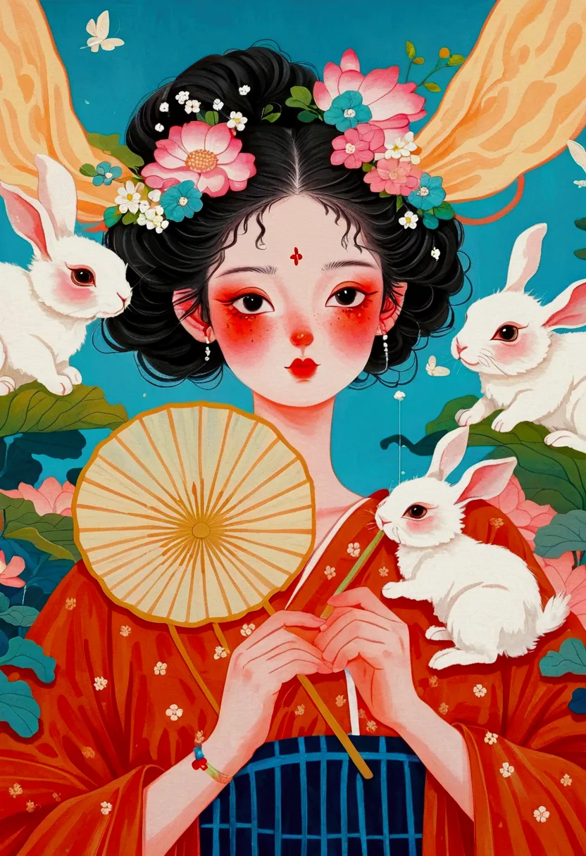 The painting shows a woman and two rabbits，Holding a fan and a fan in hand, James Jean (James Jean) Inspired by the extremely de...