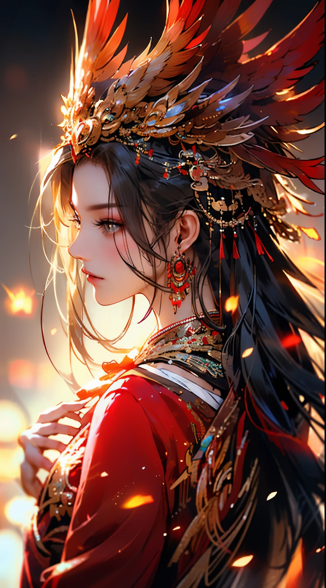 1 Girl,Jewelry,earrings,Solitary,Long hair,Hair accessories,look back,Looking at the audience,red skirt,Black Hair,Upper Body,Shut up,Vague,skirt,tassel,Brown hair,feather,From the back,Chinese clothes,tassel earrings,disgust,