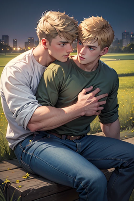 Two men, photo realistic.  A 16-year-old, handsome, lean man with short-cut, blond hair and blue eyes, wearing a brown sweatshirt, and khaki pants, sitting in the lap of a 17-year-old, handsome, athletic, Caucasian man with short, shaved brown hair, and blue eyes, wearing a blue and yellow jersey, and jeans, kissing, groping each other, laying on a grassy field, by a pond in a large city park, at night.  Masculine, erotic, sexy, romantic, love, huge bulge.