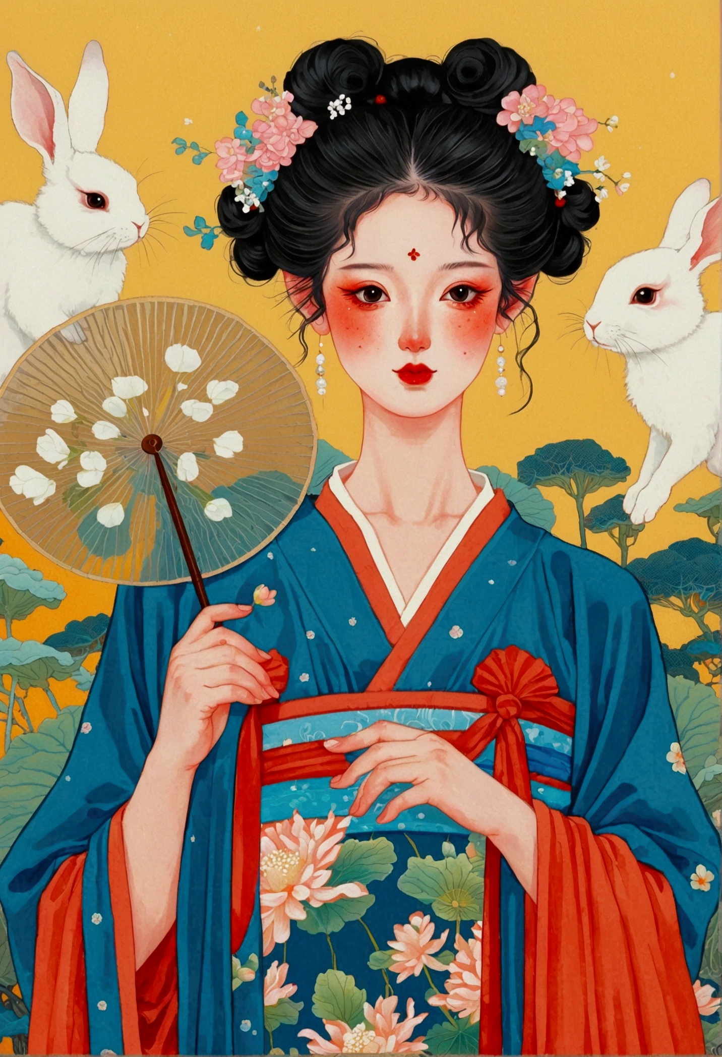 La pintura muestra a una mujer y dos conejos，Sosteniendo un abanico y un abanico en la mano, James Jean (James Jean) Inspirado en el extremadamente detallado, cg Punto de acceso social, Pop surrealism, james jean y wlop, surrealismo pop japonés, beeple y jeremiah ketner, James Gene Artwork, Beeple y James Jean, James Gene Art, surrealismo pop japonés