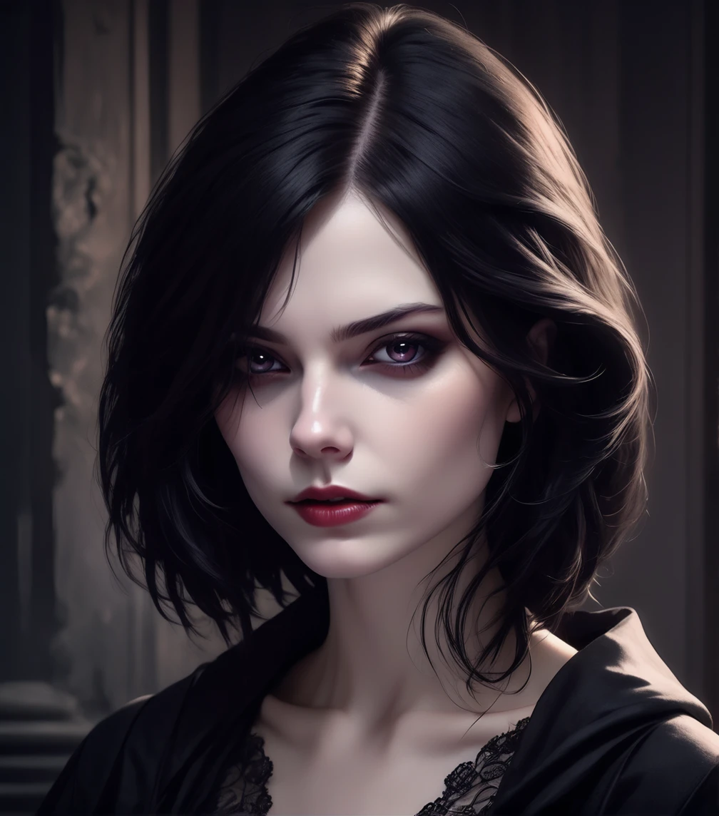 (high quality: 1.3), cinematic shot, masterpiece, (sharp focus: 1.5), (photorealistic: 1.3), medium portrait of (a beautiful young vampire, Pale skin, Gothic, still proud and fierce, short straight black hair, dark look, dressed in a highly detailed dark robe, dark atmosphere, but sculpting the shapes in sharp chiaroscuro), It&#39;s night, (very detailed skin), (detailed face),  detailed background, dark lighting, twilight lighting, volumetric lighting, Complex details, HD,