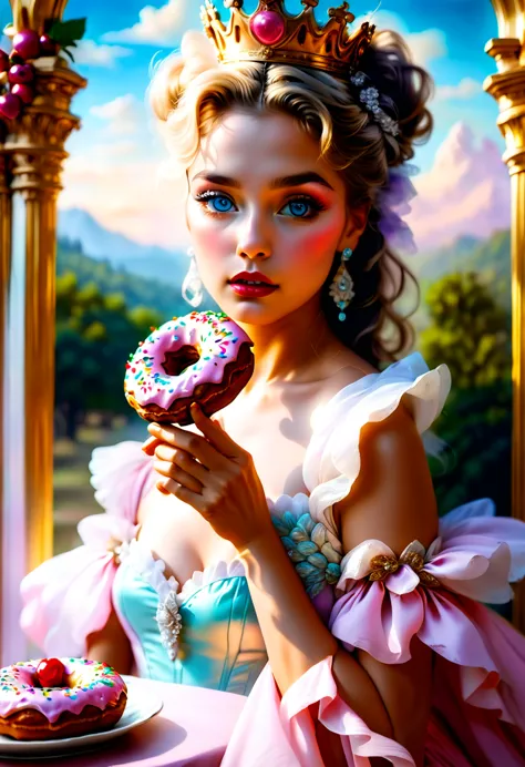 an oil painting portrait of a queen eating a (an epic donut: 1.3), an exotic exquisite beautiful queen, dynamic hair color, wavy...