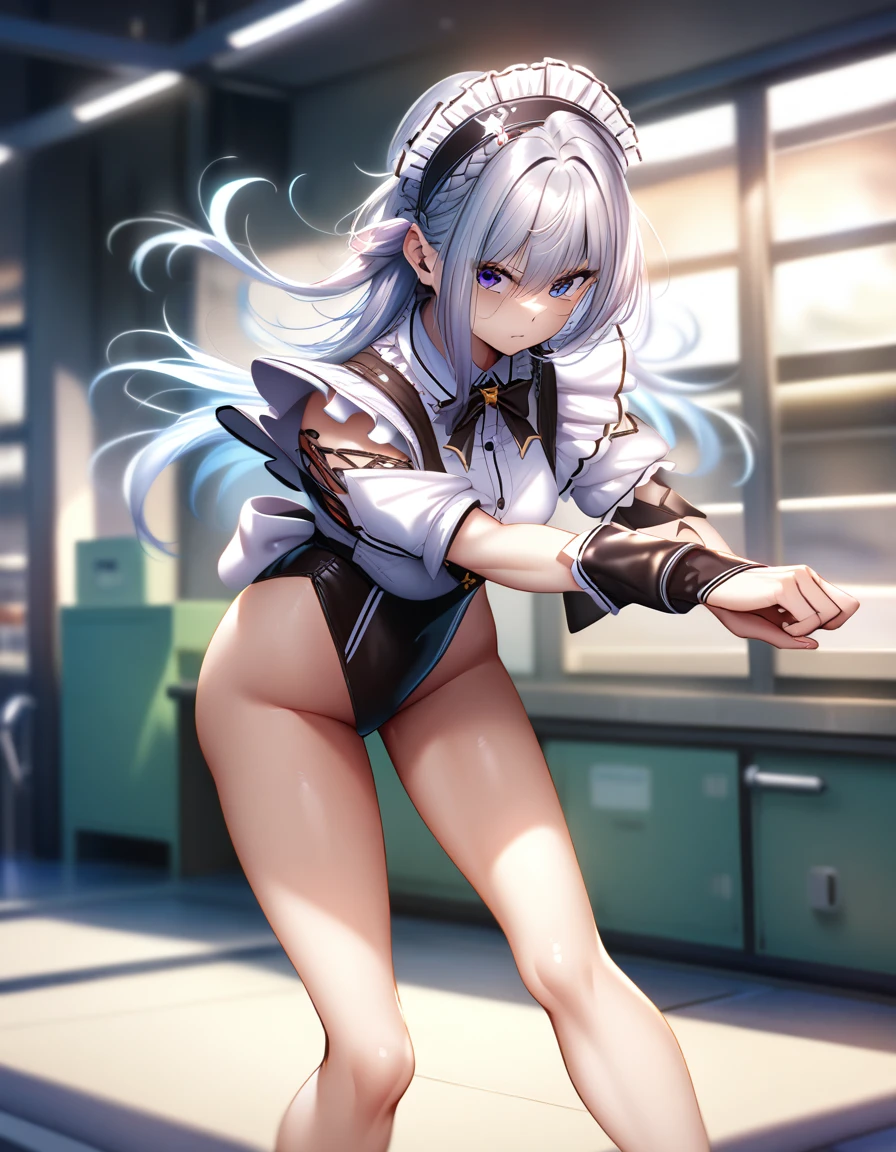 12k, masterpiece, best quality, very aesthetic, absurdres, anime artwork, anime style, key visual, vibrant, studio anime, highly detailed highly detailed, volumetric, dramatic lighting,(Maid leotard details:2.0),(1 girl:1.2),,Long Hair:1.5, (Short sleeve, Thighs,Maid Cufflinks),,(High heel lace-up boots:1.4), (Without skirt:3.0),Dark aura,Leotrad,,Audience Recruitment,(at a research facility:1.2),(whole body:1.4),(Fighting Pose:1.2),looking at viewer, standing