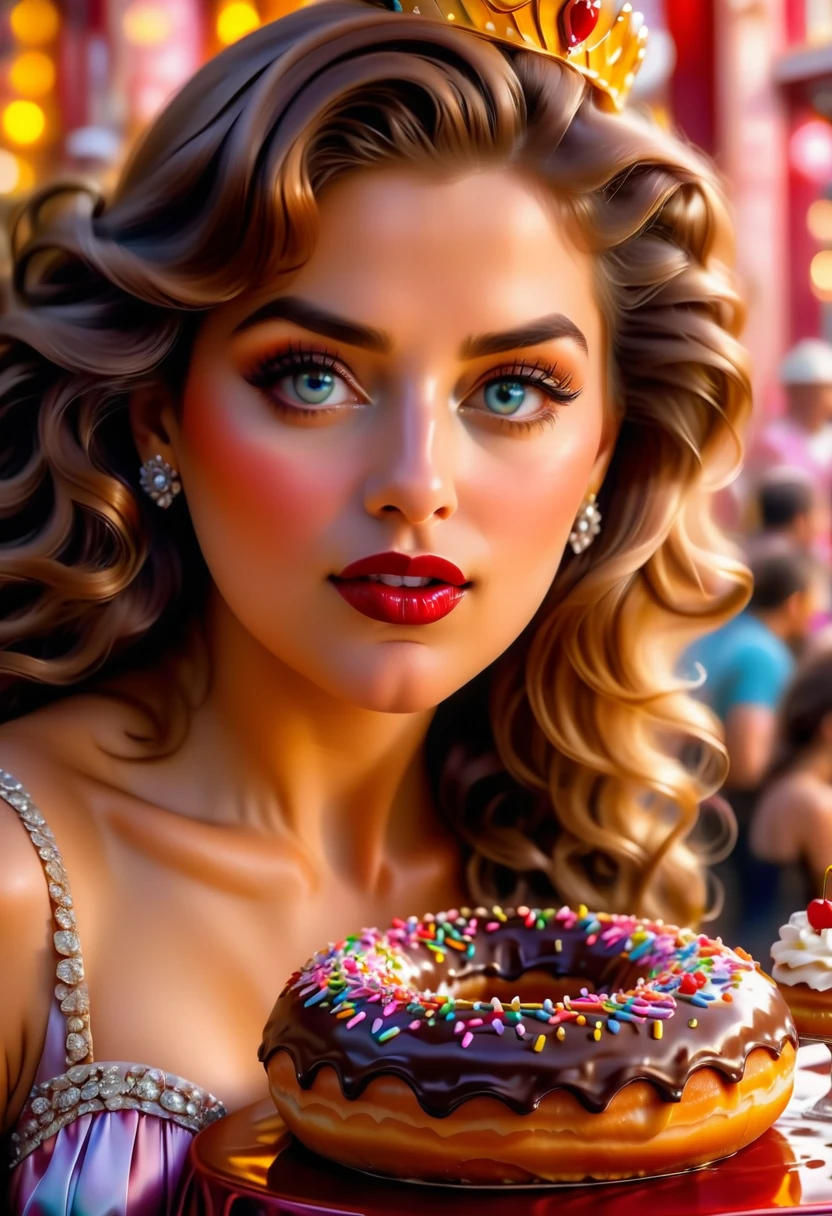 an oil painting portrait of a queen eating a (an epic donut: 1.3), an exotic exquisite beautiful queen, dynamic hair color, wavy hair, dynamic eyes color,  intense eyes, wearing glamour silk dress, intricate detailed dress, dynamic color dress, dynamic style dress, wearing diamond crown ((eating  a large donut: 1.3)),  (cherries: 1.1), (whipped cream: 1.1), (chocolate bar: 1.1)  fantasy pastry shop background,  vibrant, Ultra-high resolution, High Contrast, (masterpiece:1.5), highest quality, Best aesthetics), best details, best quality, highres, 16k, [ultra detailed], masterpiece, best quality, (extremely detailed) RAW, (ultra details, Masterpiece, best quality),   , Intense gaze, blood, Cinematic Hollywood Film
