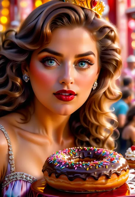 an oil painting portrait of a queen eating a (an epic donut: 1.3), an exotic exquisite beautiful queen, dynamic hair color, wavy...