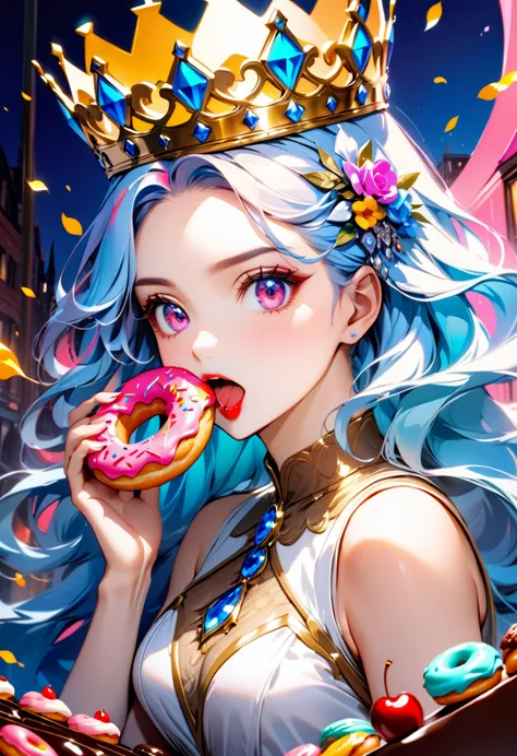 an oil painting portrait of a queen eating a (an epic donut: 1.3), an exotic exquisite beautiful queen, dynamic hair color, wavy...