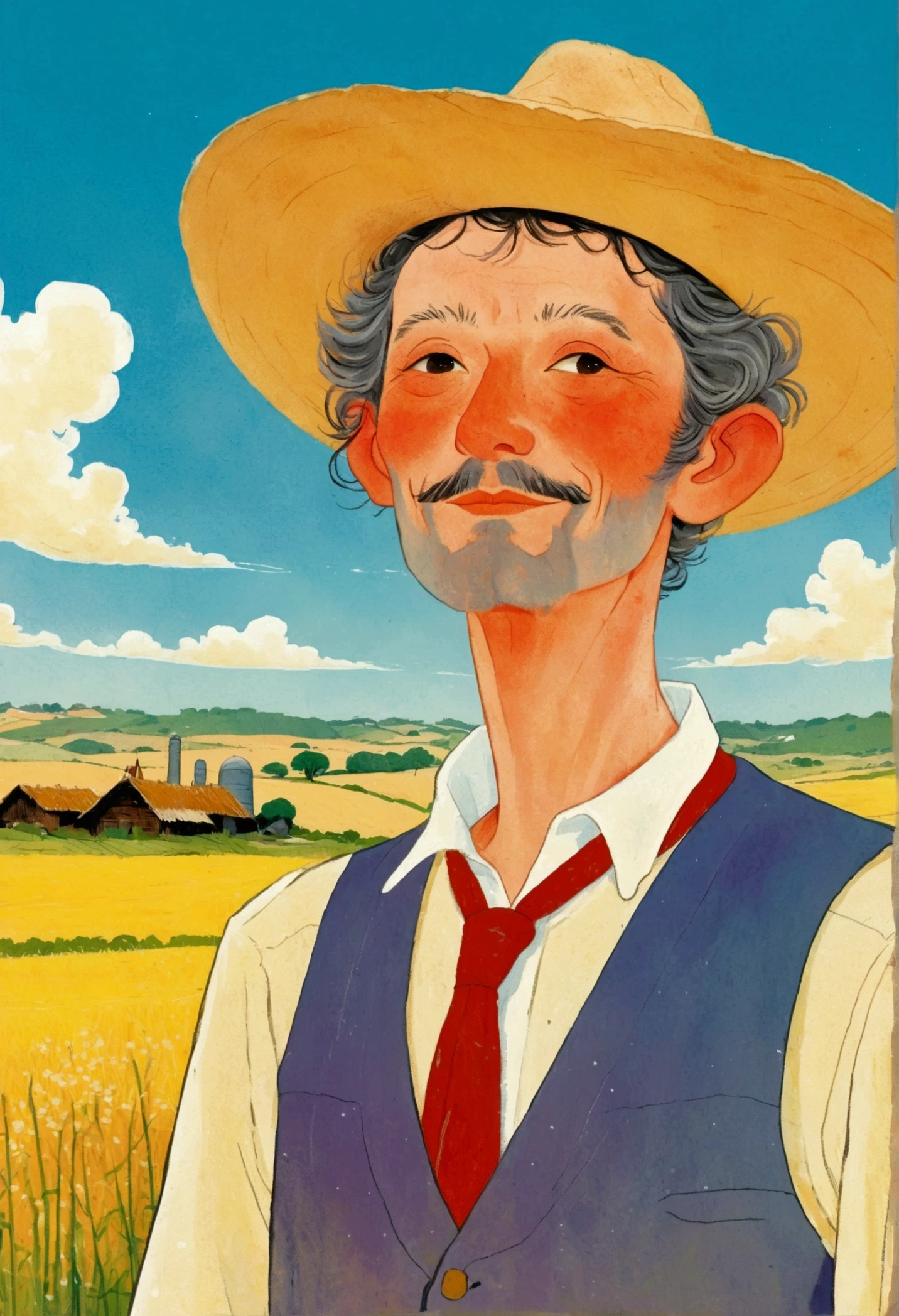 Cartoon of a man wearing standing in a field, Character with hat, author：Yi Yinwen, tall Farmers, Farmers, jean giraud portrait, Inspired by Jean Giraud, jean giraud 8 k, author André Castro, author：Clovis Truyer, The style of Jean Giraud Moebius, Full color illustrations, author：Francisco Coza