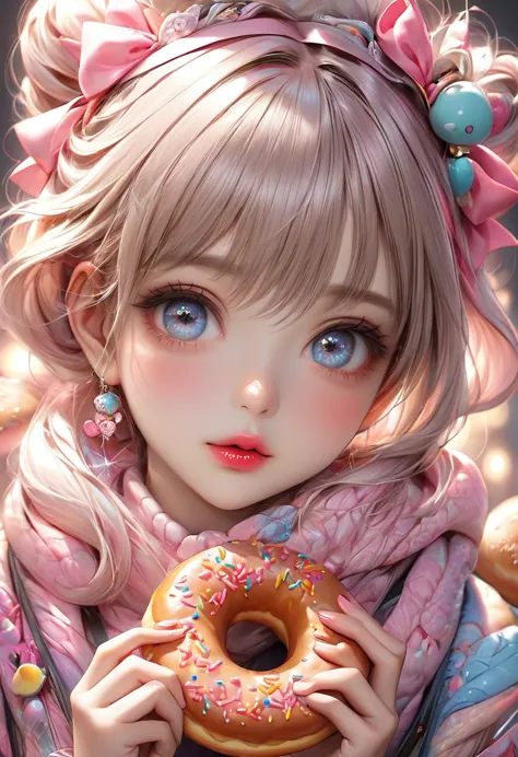 cute anime girl eating a donut, girl with a pink bow on her head, realistic portrait, eating a donut, cute girl, smooth anime cg...