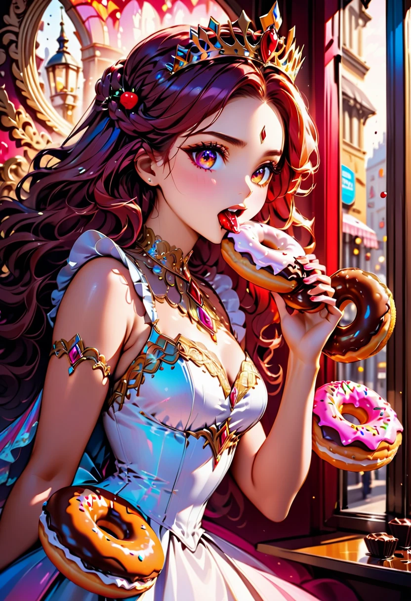 an oil painting portrait of a queen eating a (an epic donut: 1.3), an exotic exquisite beautiful queen, dynamic hair color, wavy hair, dynamic eyes color,  intense eyes, wearing glamour silk dress, intricate detailed dress, dynamic color dress, dynamic style dress, wearing diamond crown ((eating  a large donut: 1.3)),  (cherries: 1.1), (whipped cream: 1.1), (chocolate bar: 1.1)  fantasy pastry shop background,  vibrant, Ultra-high resolution, High Contrast, (masterpiece:1.5), highest quality, Best aesthetics), best details, best quality, highres, 16k, [ultra detailed], masterpiece, best quality, (extremely detailed) RAW, (ultra details, Masterpiece, best quality),   , Intense gaze, blood, Cinematic Hollywood Film
