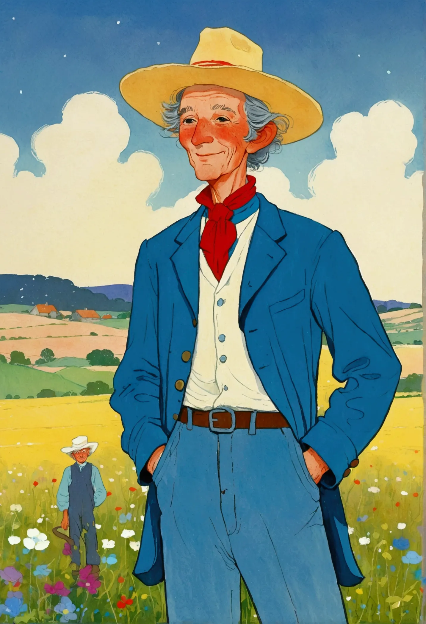 cartoon of a man wearing standing in a field, li renwen&#39;s gouache paintings, flickr, childish art, character with hat, tall ...