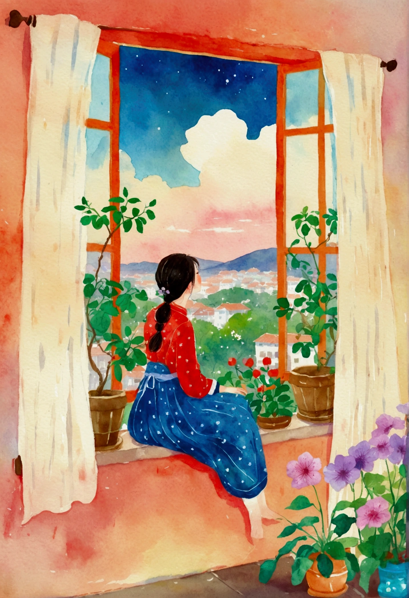 Una mujer mirando por la ventana，Pintando con plantas y flores fuera de la ventana, Una hermosa ilustración artística., Ni Duan, chica en el alféizar de la ventana, balcón scene, Autor：Ye Xin, Autor Jeong Seon, balcón, Bonita ilustración, canción de li, Mayo Qing, Autor：MIWA Komatsu, Estilo de ilustración acuarela, Autor：Ciruela fría, en un día soleado