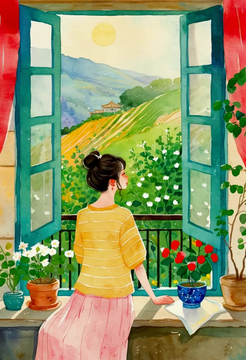 A woman looking out the window，Painting with plants and flowers outside the window, A beautiful artistic illustration, Ni Duan, ...