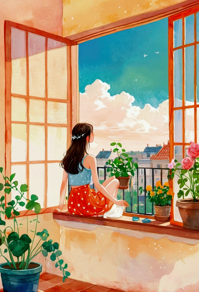 Une femme regardant par la fenêtre，Peinture avec des plantes et des fleurs à l'extérieur de la fenêtre, Photos prises par Ni Duan, tumblr, art conceptuel, Une belle illustration artistique, fille sur le rebord de la fenêtre, Balcon scene, Balcon, Belle illustration, Style d&#39;illustration aquarelle, un jour ensoleillé, Jolie fille réaliste, illustrations fantastiques, un jour ensoleillé, De belles illustrations numériques