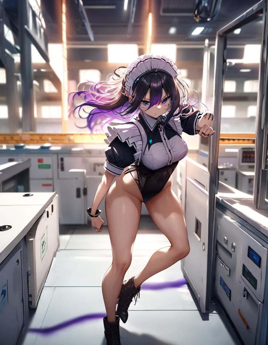 12k, masterpiece, best quality, very aesthetic, absurdres, anime artwork, anime style, key visual, vibrant, studio anime, highly detailed highly detailed, volumetric, dramatic lighting,(Maid leotard details:2.0),(1 girl:1.2),,Long Hair:1.5, (Short sleeve, Thighs,Maid Cufflinks),,(High heel lace-up boots:1.4), (Without skirt:3.0),Dark aura,Leotrad,,Audience Recruitment,(at a research facility:1.2),(whole body:1.4),(Fighting Pose:1.2),looking at viewer, standing