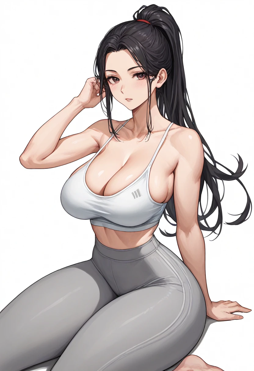 Score_9,score_8_up,score_7_up,1girl,solo,white background,sports bra, spaghetti strap,cleavage,big_breasts,looking_at_viewer,long hair, high ponytail, grey pants,yoga pants,haren pants,high waist,side slit,thick thighs,slab sitting,fashion dress