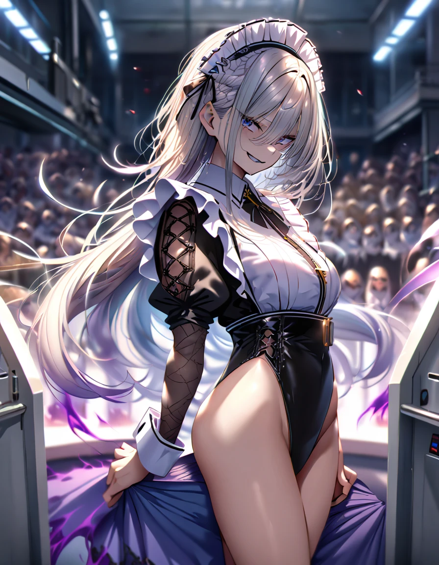 12k, masterpiece, best quality, very aesthetic, absurdres, anime artwork, anime style, key visual, vibrant, studio anime, highly detailed highly detailed, volumetric, dramatic lighting,(Maid leotard details:2.0),(1 girl:1.2),,Long Hair:1.5, (Short sleeve, Thighs,Maid Cufflinks),,(High heel lace-up boots:1.4), (Without skirt:3.0),Dark aura,Leotrad,,Audience Recruitment,(at a research facility:1.2),(whole body:1.4),(evil smile),looking at viewer, standing