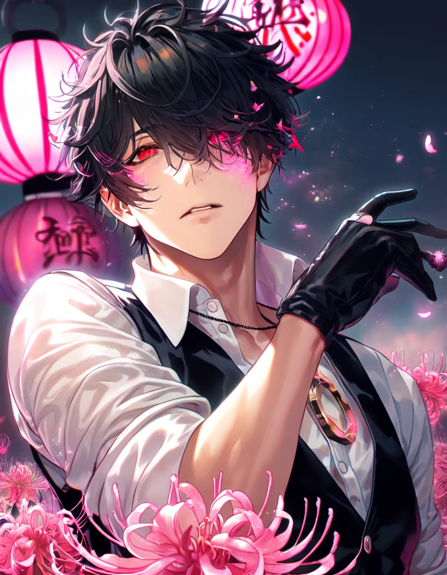 absurd resolution, high resolution, ultra detailed, detailed eyes, delicated features, extremely detailed, HDR, 8K, ルイ, black hair, messy hair, hair over the right eye, short hair, expressive red eyes, Code Vein, solo, sexy man, handsome, black vest, white shirt, unbuttoned shirt, black gloves, ring necklace, rolled up sleeves, fantasy, cool, magical, pink glittering butterflies, pink dust flying around, pink spider lilies, pink petals, pink lanterns, Japanese ambiance, pink blossoms