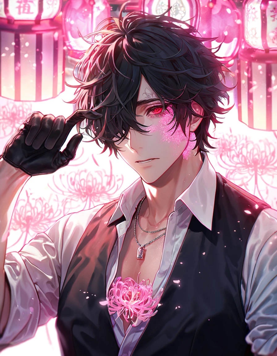 absurd resolution, high resolution, ultra detailed, detailed eyes, delicated features, extremely detailed, HDR, 8K, ルイ, black hair, messy hair, hair over the right eye, short hair, expressive red eyes, Code Vein, solo, sexy man, handsome, black vest, white shirt, unbuttoned shirt, black gloves, ring necklace, rolled up sleeves, fantasy, cool, magical, pink glittering butterflies, pink dust flying around, pink spider lilies, pink petals, pink lanterns, Japanese ambiance, pink blossoms