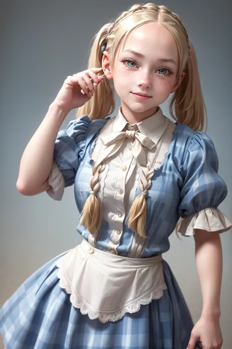 1girl, blonde, ((pretty)), ((twin braided pigtails)), ((early 20th century)), ((lean and fit)), confidant, kind and friendly exp...