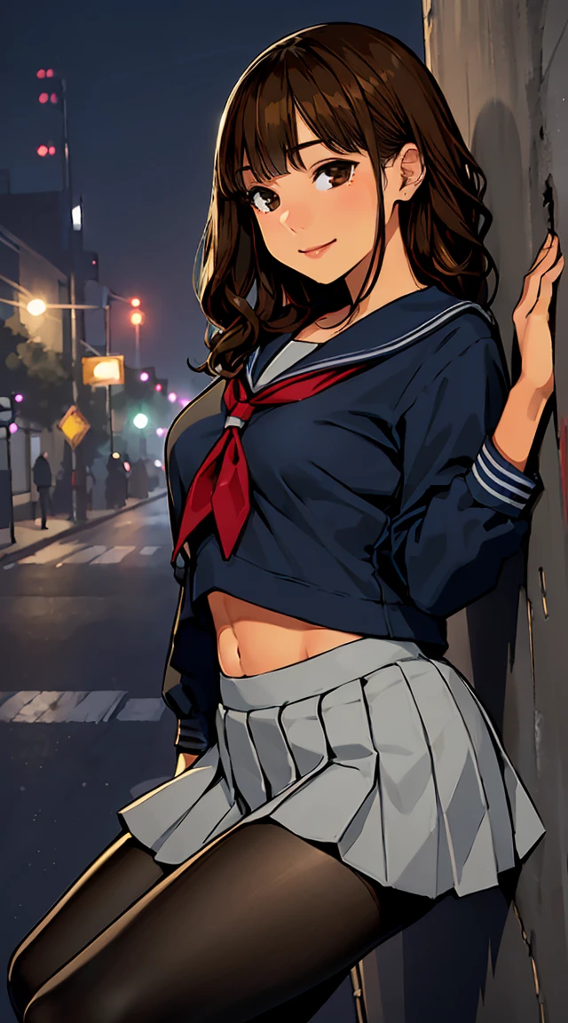 masterpiece, best quality, black pantyhose,foot toward view,ultra-detailed, illustration, from below, 1girl, douki-chan \(douki-chan\), solo focus, looking at viewer, yomu \(sgt epper\), full body shot, dark brown hair, blue shirt, miniskirt, [brown pantyhose|yellow pantyhose], office, fine fabric emphasis, crossed legs, sitting on office chair,masterpiece, Top quality, Extremely detailed CG unity 8k wallpaper, Ultra-realistic 8kCG, Perfect work of art, Perfect female body, Dramatic shadows, (spotlight, perfect ligthing, Detailed lighting, (((1 Girl))), ((Pointed face)), ((Brown hair, Wavy Hair)), (((Sexy pose))), Model body type, The navel is exposed, Full breasts, ((Cute face)), (Smile gently: 1.2), (Asymmetrical bangs, Beautiful eyelashes), Beautiful face, (Beautiful chest lines:1.2), (cleveage), beautiful girl, Exquisite facial features create a perfect face, cold, Natural Beauty, Sweating, Slender body, Light and beautiful thigh expression, high school, high school, Sailor Suit, Pleated Skirt, Loose socks, In front of a graffiti-covered wall, night, (((Leaning against the wall, Standing))), Award-winning photos, detail, Realistic light and shadow, 8K resolution, Professional lighting, (Shiny skin:0.9), Perfect hands,