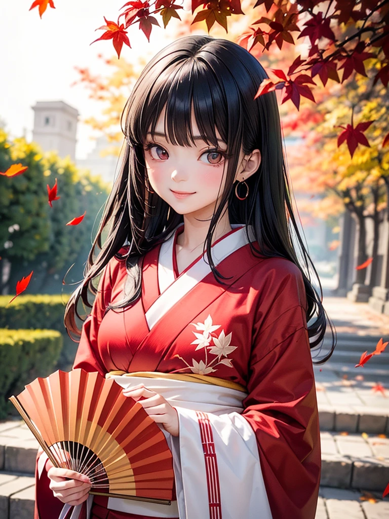 (​master piece),(solo),a girl in a red kimono holding a red folding fan in her hand,(opened folding fan), palace , autumn leaves, beautiful anime portrait, (white long hair), beautiful anime style, beautiful anime girl,Depth of written boundary, Bokeh,film lighting,dreamy romantic,shy smile