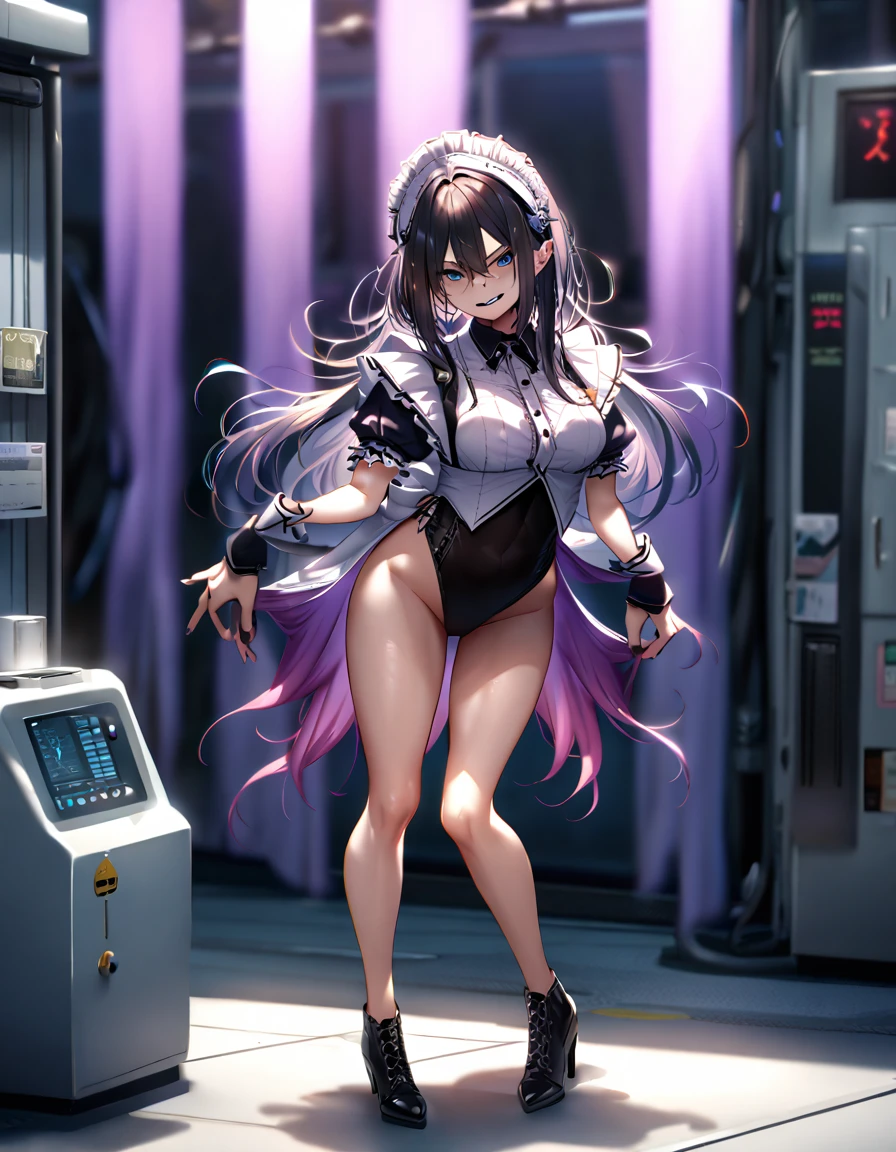 12k, masterpiece, best quality, very aesthetic, absurdres, anime artwork, anime style, key visual, vibrant, studio anime, highly detailed highly detailed, volumetric, dramatic lighting,(Maid leotard details:2.0),(1 girl:1.2),,Long Hair:1.5, (Short sleeve, Thighs,Maid Cufflinks),,(High heel lace-up boots:1.4), (Without skirt:3.0),Dark aura,Leotrad,,Audience Recruitment,(at a research facility:1.2),(whole body:1.4),evil smile,looking at viewer, standing