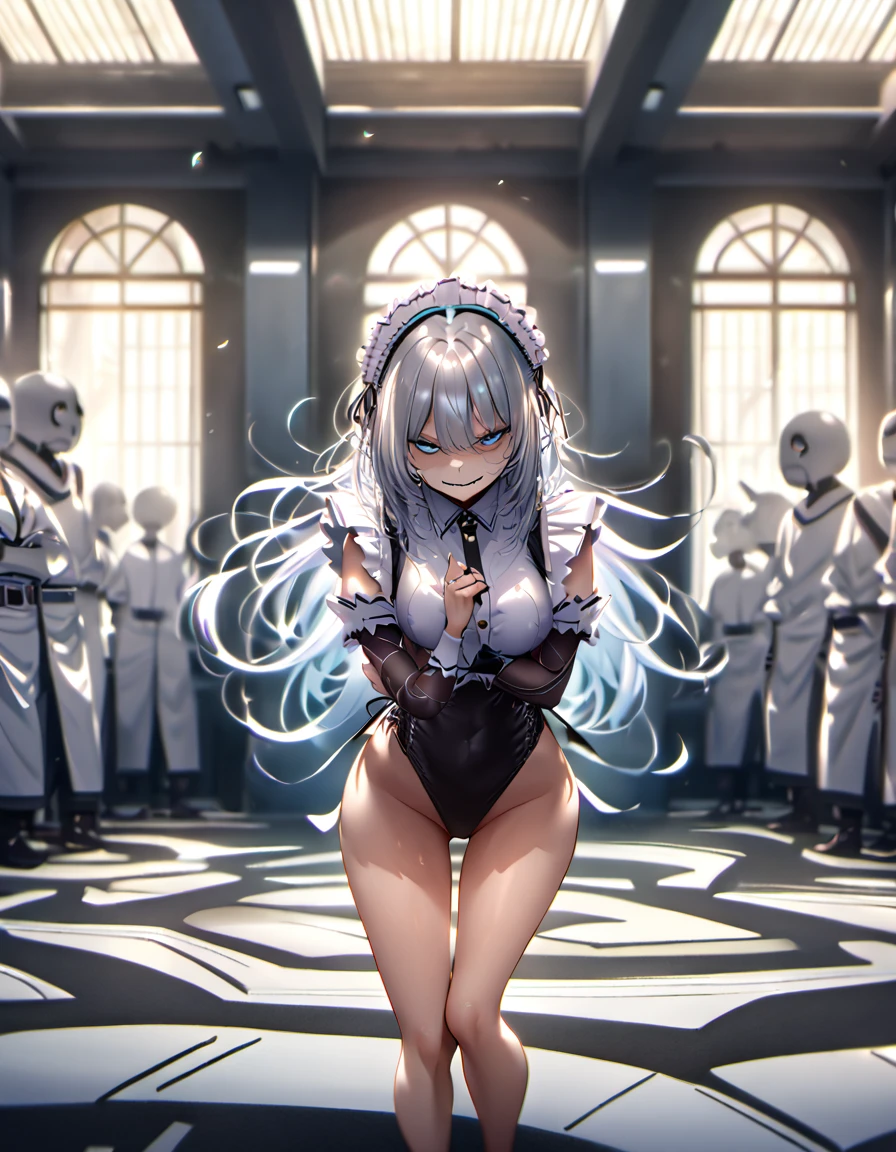 12k, masterpiece, best quality, very aesthetic, absurdres, anime artwork, anime style, key visual, vibrant, studio anime, highly detailed highly detailed, volumetric, dramatic lighting,(Maid leotard details:2.0),(1 girl:1.2),,Long Hair:1.5, (Short sleeve, Thighs,Maid Cufflinks),,(High heel lace-up boots:1.4), (Without skirt:3.0),Dark aura,Leotrad,,Audience Recruitment,(at a research facility:1.2),(whole body:1.4),evil smile,looking at viewer, standing